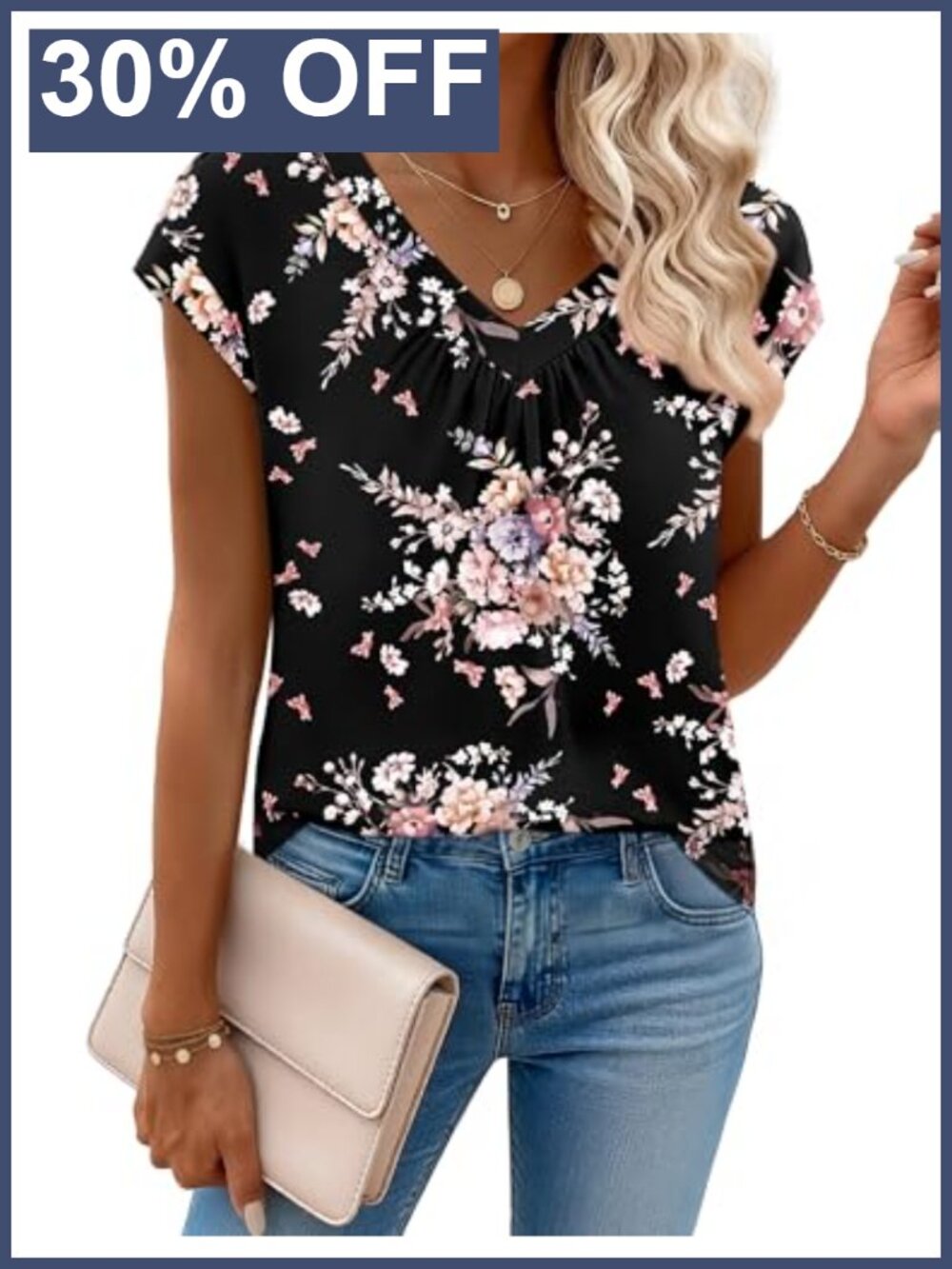 Women's V-Neck Short Sleeve Blouse Pleated Front Top